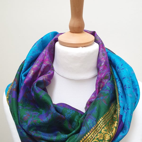 Sari silk double sided infinity scarf. jewel tones.shades of purple,blue,gold 