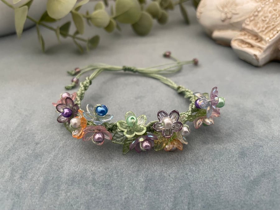 Pretty floral beaded macrame adjustable bracelet , boho vibe, teenage girl