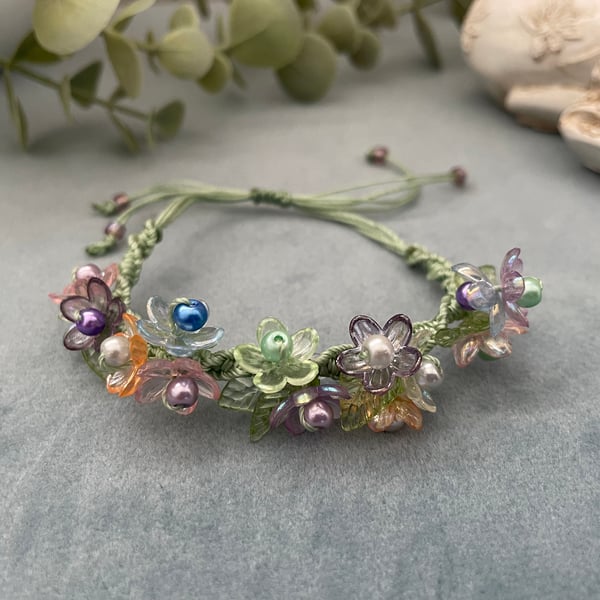Pretty floral beaded macrame adjustable bracelet , boho vibe, teenage girl