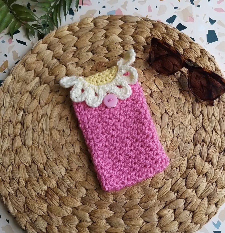 Crochet  Fondant Pink Daisy Detail Glasses Case, Phone Case 