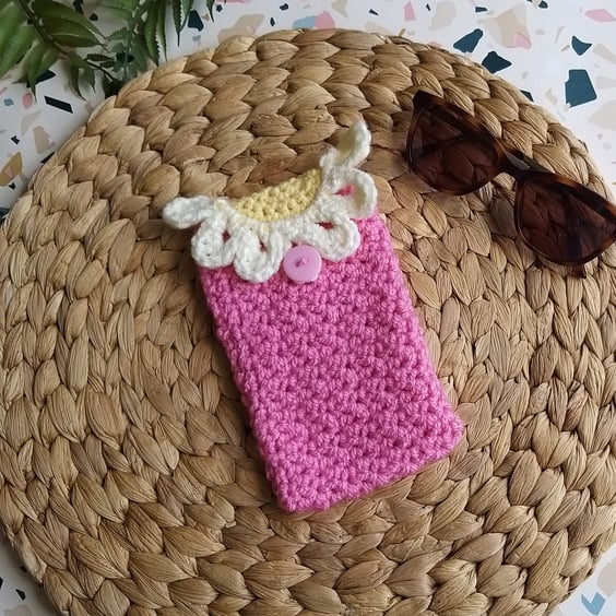 Crochet Sunglasses Case Fondant Pink Daisy Detail, Glasses Case, Phone Case 