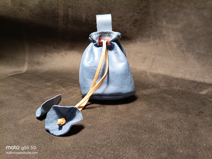 Handmade Blue Leather Drawstring Pouch – Simple, Sturdy, and Full of Character