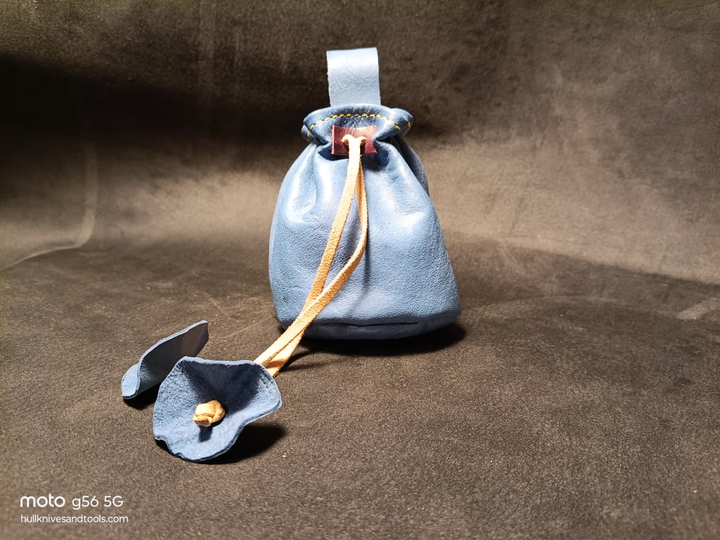 Handmade Blue Leather Drawstring Pouch – Simple, Sturdy, and Full of Character