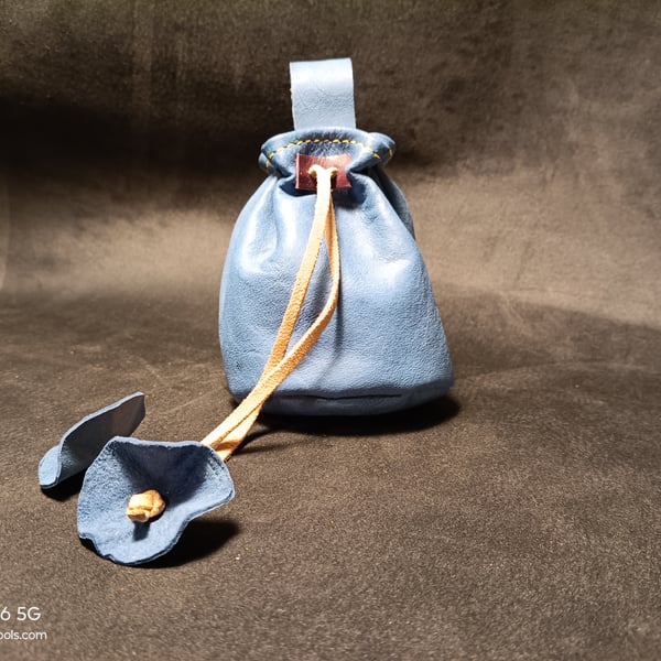Handmade Blue Leather Drawstring Pouch – Simple, Sturdy, and Full of Character
