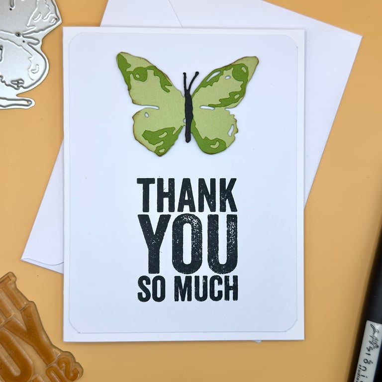 Handmade Thank You Card, Green Butterfly “Thank You So Much” Nature Inspired, A2