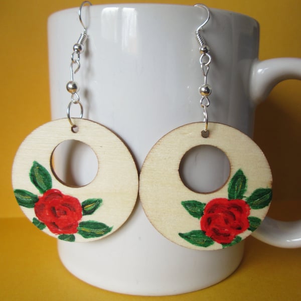 Rose handpainted wooden earrings.