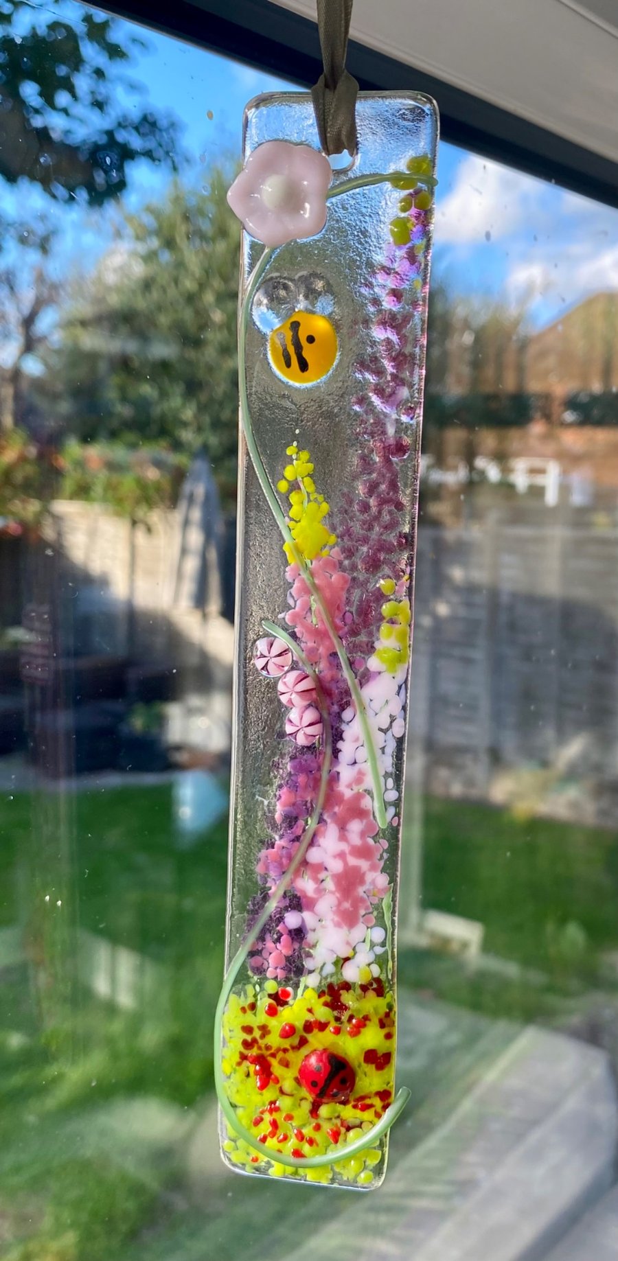 50% SALE!  Handmade fused glass hanging panel with a summer floral theme