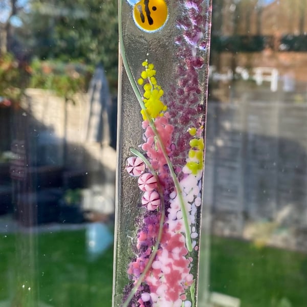 50% SALE!  Handmade fused glass hanging panel with a summer floral theme