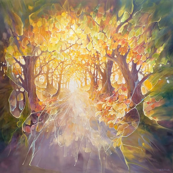 Once Upon a Time is a large oil painting of a colourful woodland path 