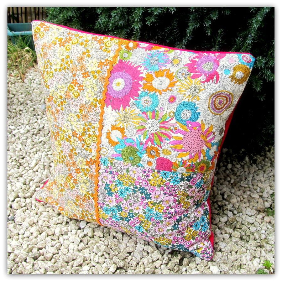 Patchwork cushion with feather pad.  37cm x 37cm.