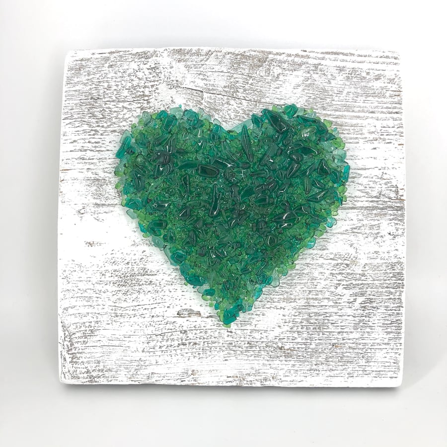 Emerald Green Crushed Glass Heart on Reclaimed Wood
