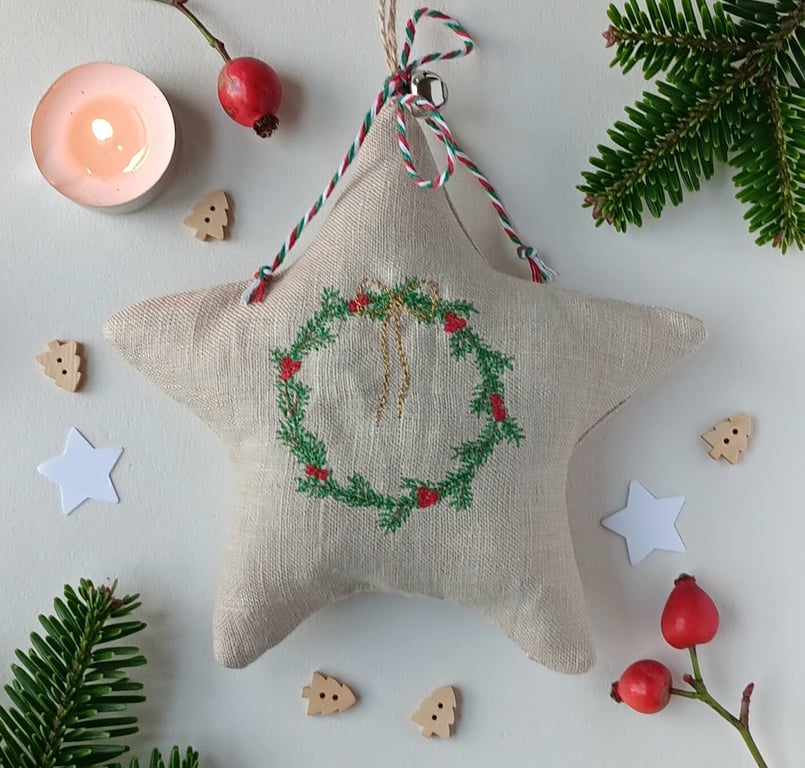 Star Christmas Decoration with Embroidered Wreath