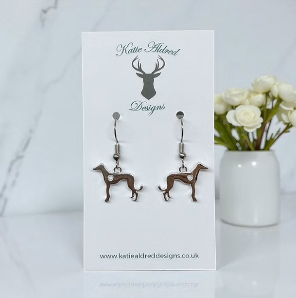 Charm Earrings - Silver Greyhound - Whippet (Heart)