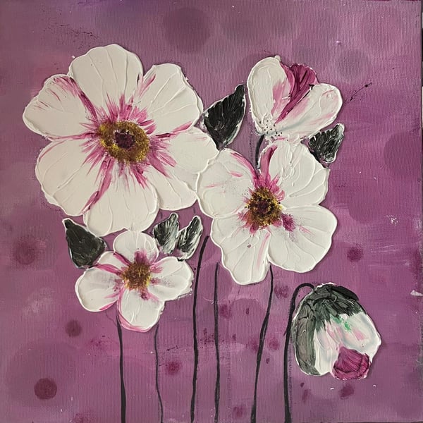 Flower Painting, Handmade Palette Knife Flower Art on Deep Purple Background