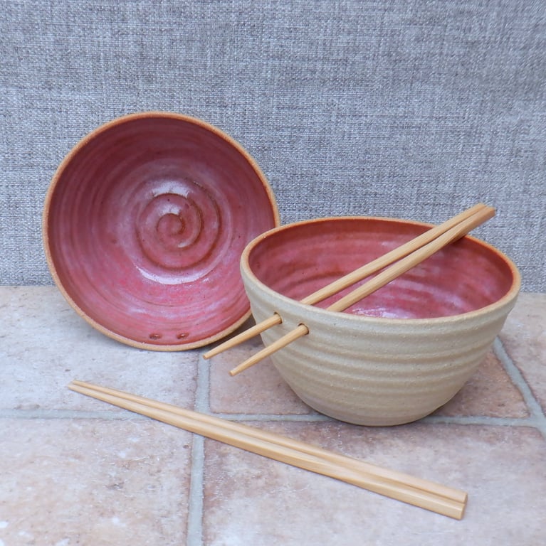 Pair of noodle soup rice or cereal serving bowl stoneware pottery handmade 