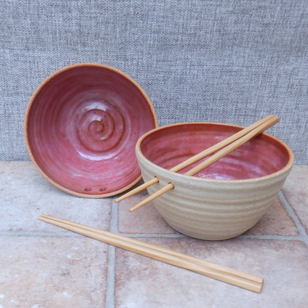 Pair of noodle soup rice or cereal serving bowl stoneware pottery handmade 