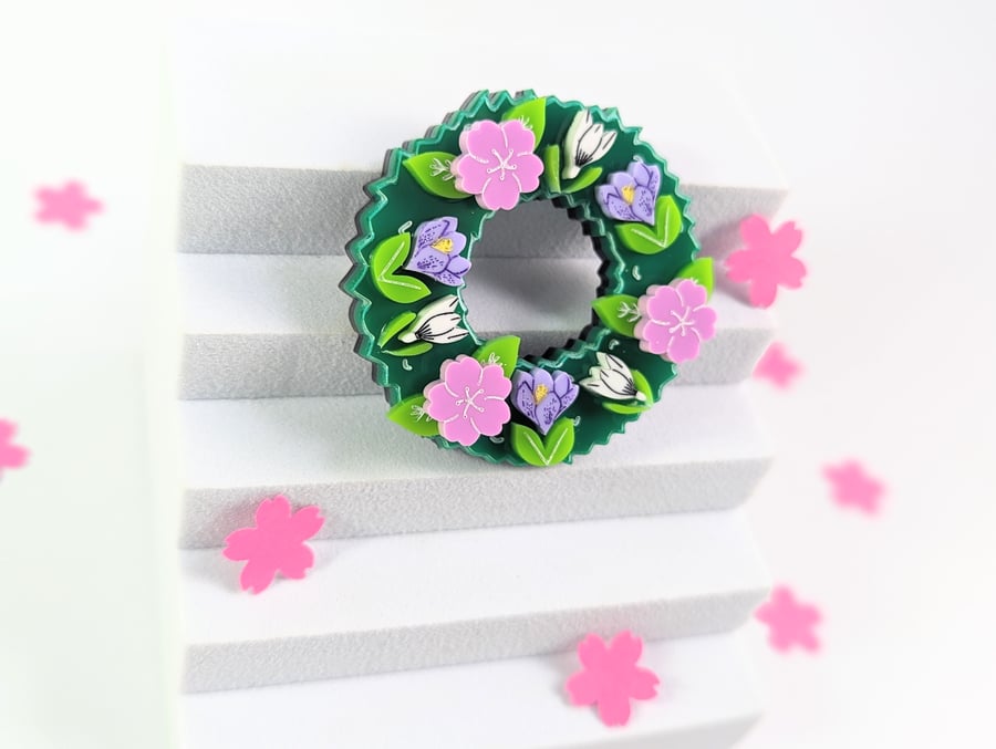 Spring wreath brooch and necklace adaptor on acrylic, Cherry blossom, crocus