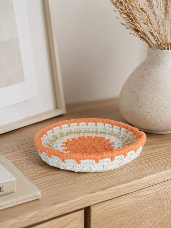 Orange Trinket Bowl Cotton & Sisal Macrame Coiled Basket 14.5cm