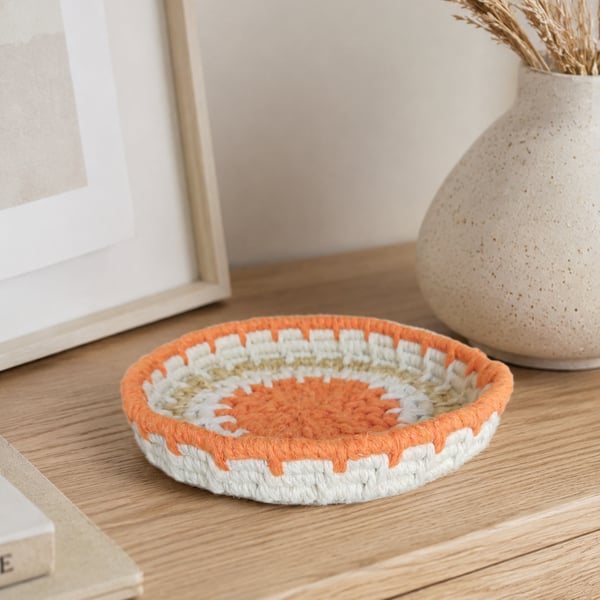 Orange Trinket Bowl Cotton & Sisal Macrame Coiled Basket 14.5cm