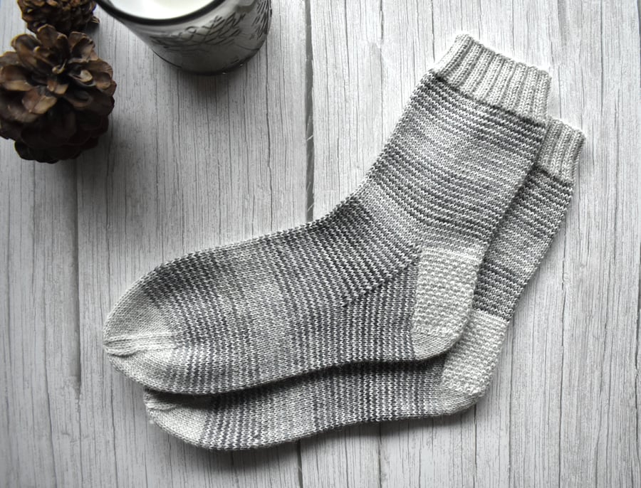 Knit socks, alpaca wool unisex socks. Striped grey soft and warm socks.