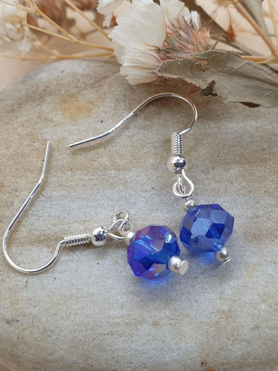  blue crystal earrings silver plate dangle drop boho vintage style
