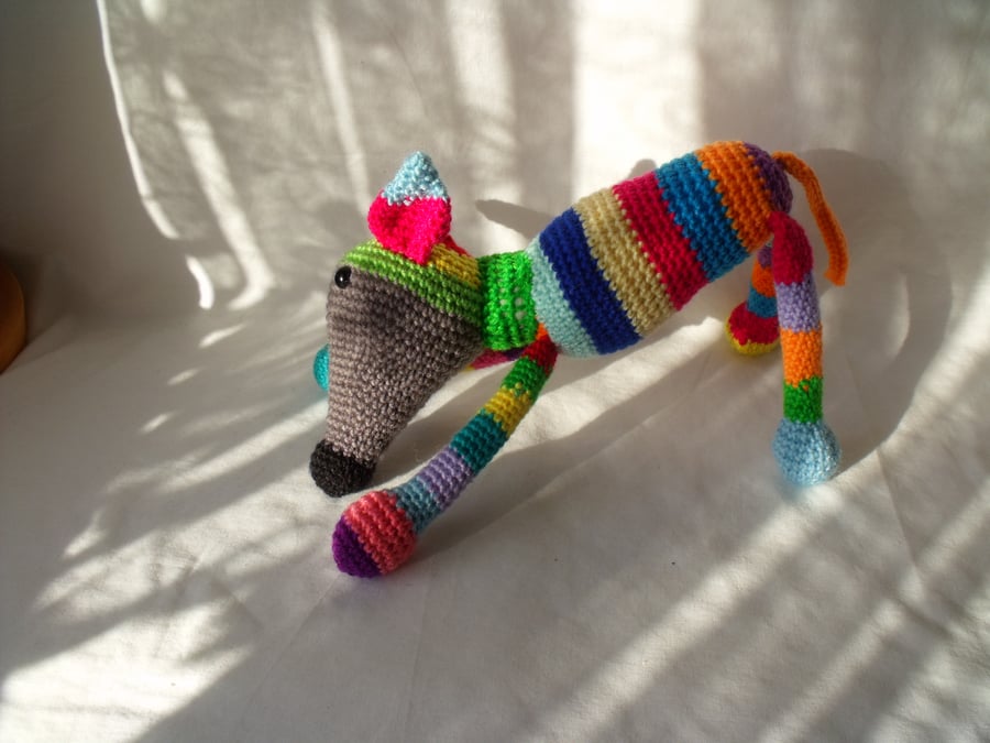 cute crocheted multi coloured greyhound dog, lurcher