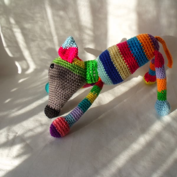 cute crocheted multi coloured greyhound dog, lurcher