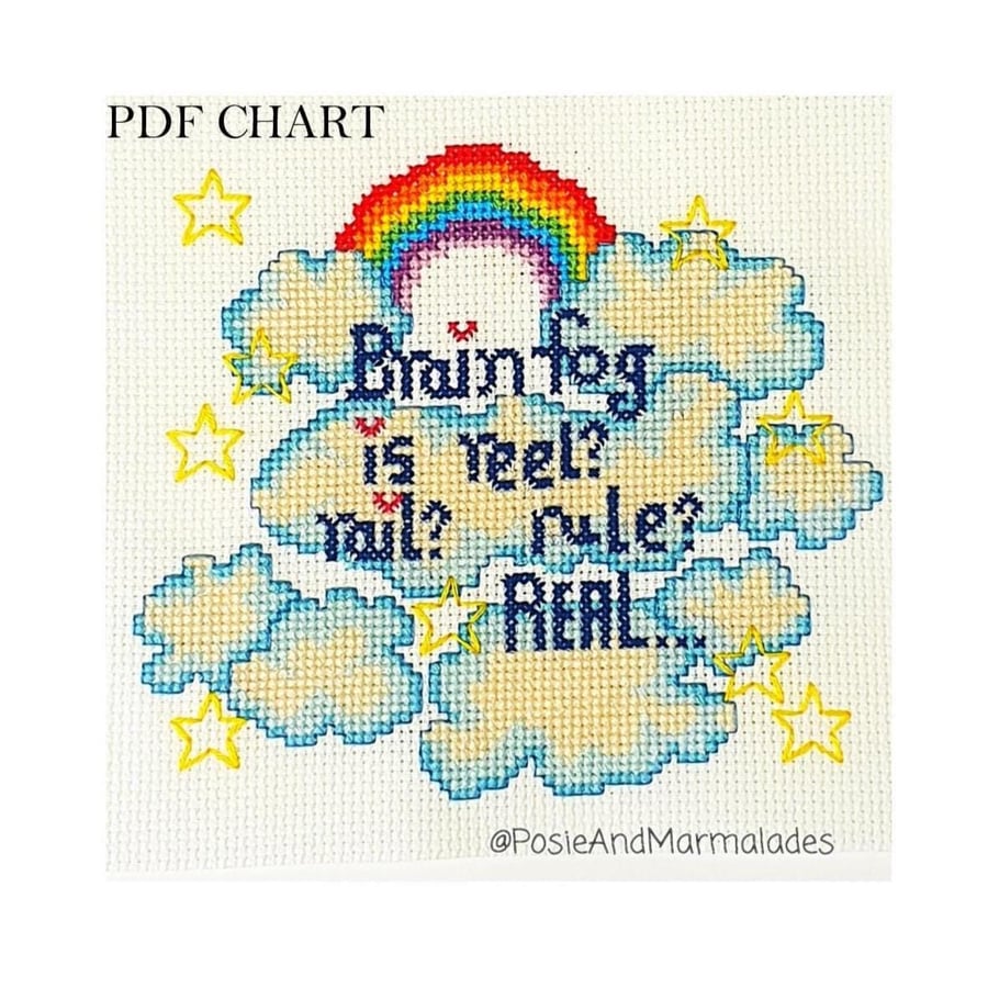 Brain Fog Clouds and Rainbow cross stitch PDFdownload Chart