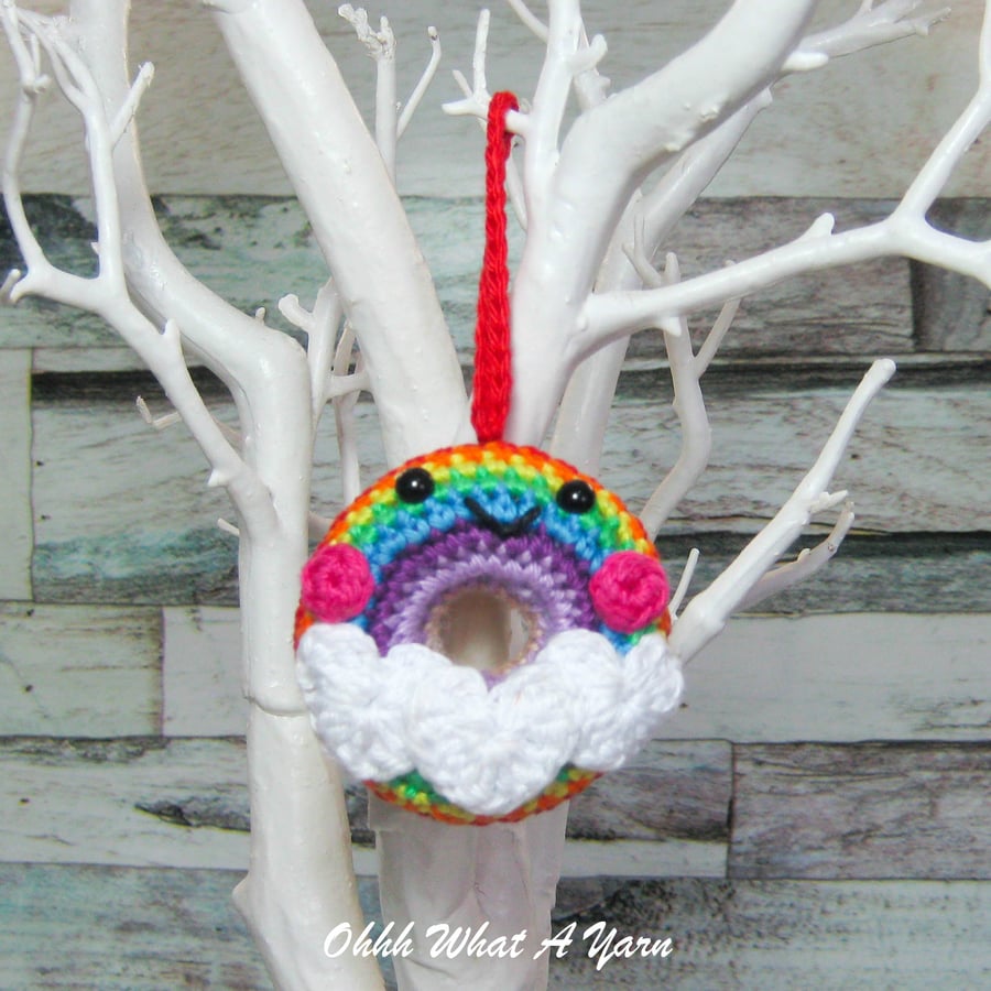 Crochet rainbow doughnut decoration, crochet rainbow, pin cushion, bag charm.