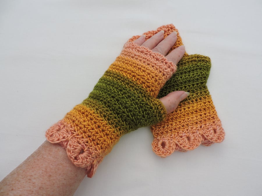 Sale Fingerless Mitts Dragon Scale Cuffs  Olive Ochre Apricot