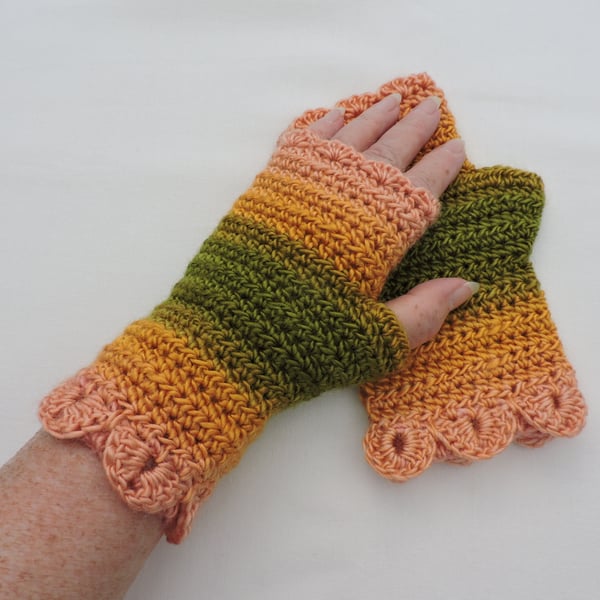 Sale Fingerless Mitts Dragon Scale Cuffs  Olive Ochre Apricot