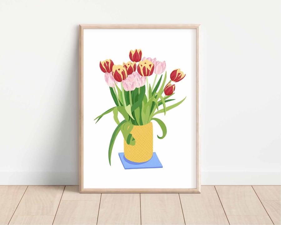 Tulips in Yellow Vase Art Print Beautiful Spring Flowers A5, A4, A3