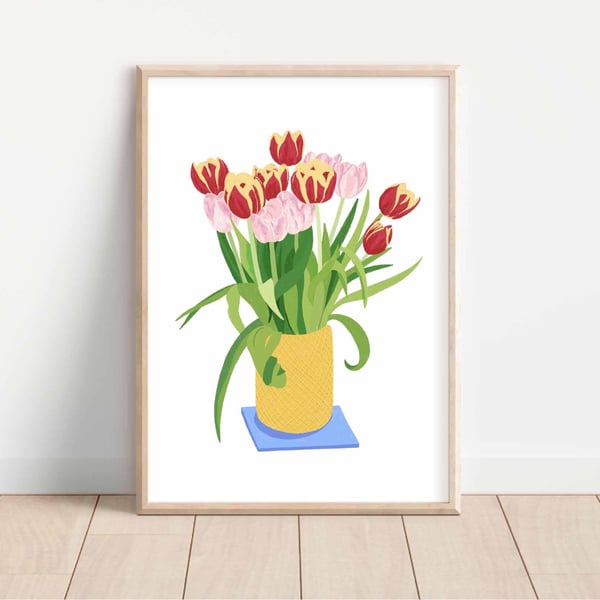 Tulips in Yellow Vase Art Print Beautiful Spring Flowers A5, A4, A3