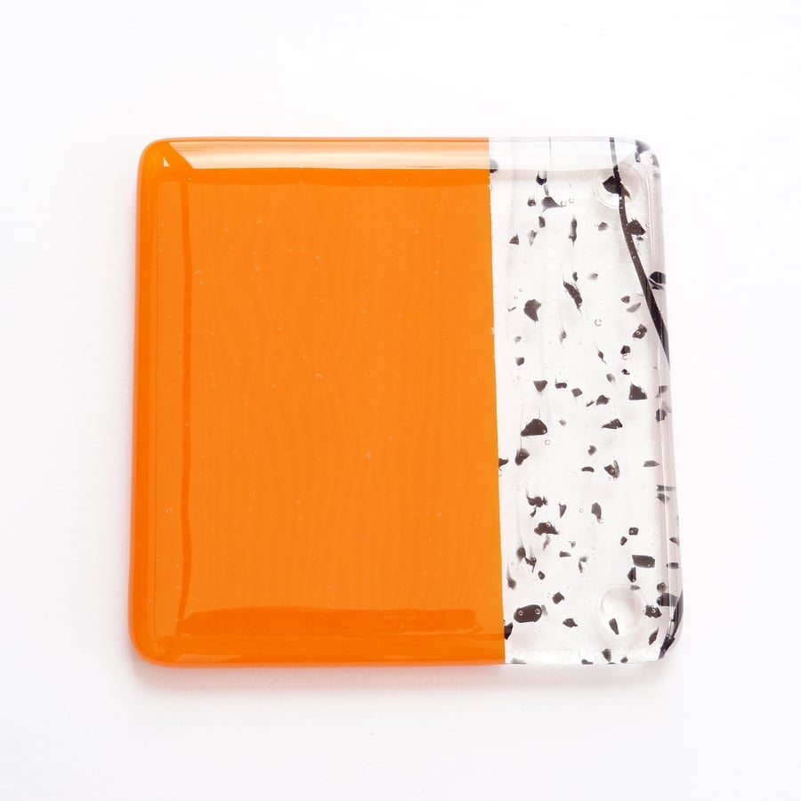 Orange & black fused glass coaster, 9cm, handcrafted, 6mm thick (0186)