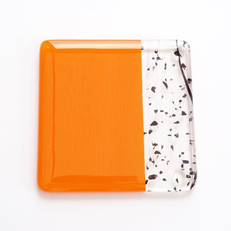 Orange & black fused glass coaster, 9cm, handcrafted, 6mm thick (0186)