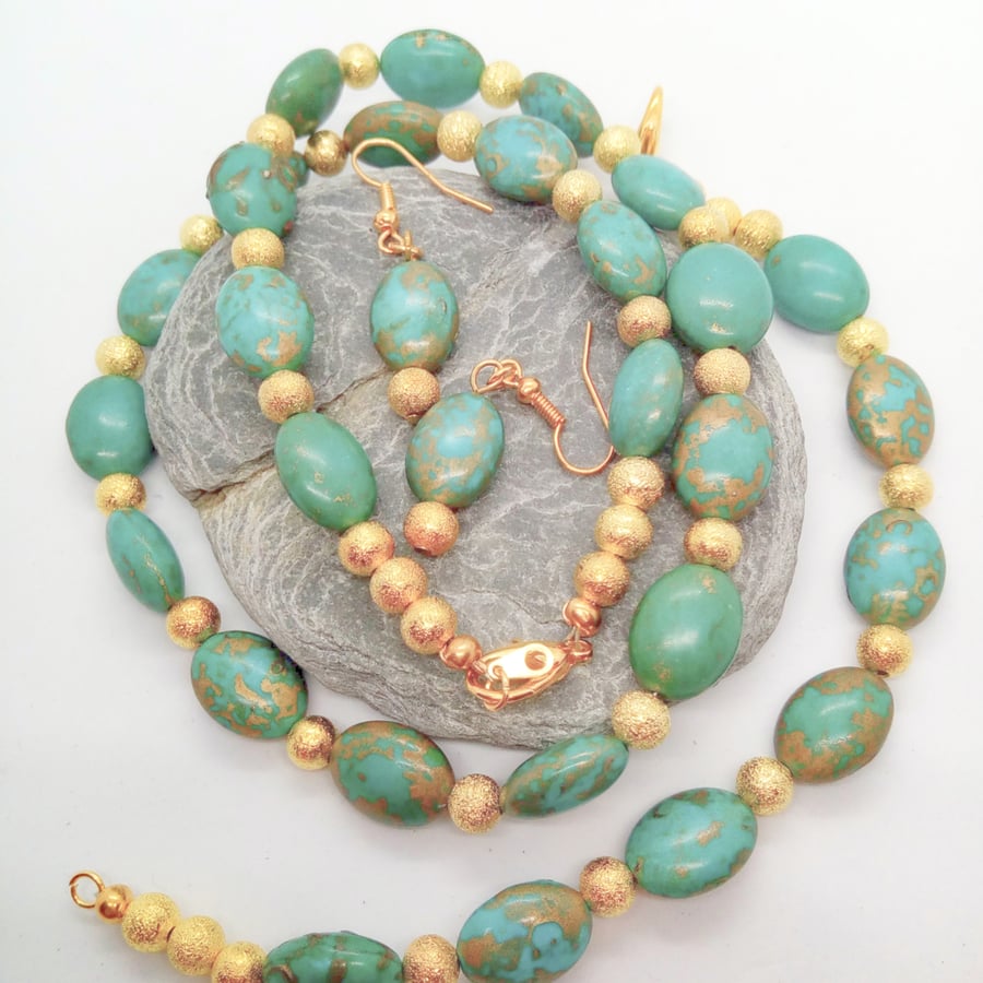 Turquoise Oval Bead and Gold Stardust Beaded Jewellery Set