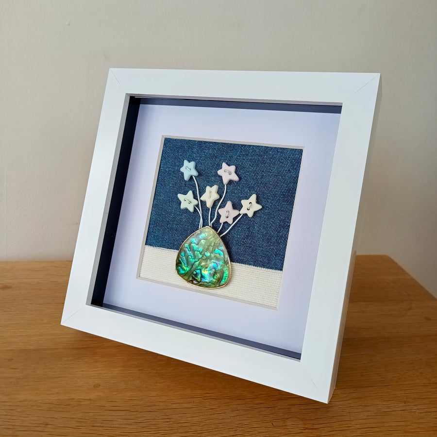 Vase of Flowers made with recycled materials 6" x 6" framed 3D original