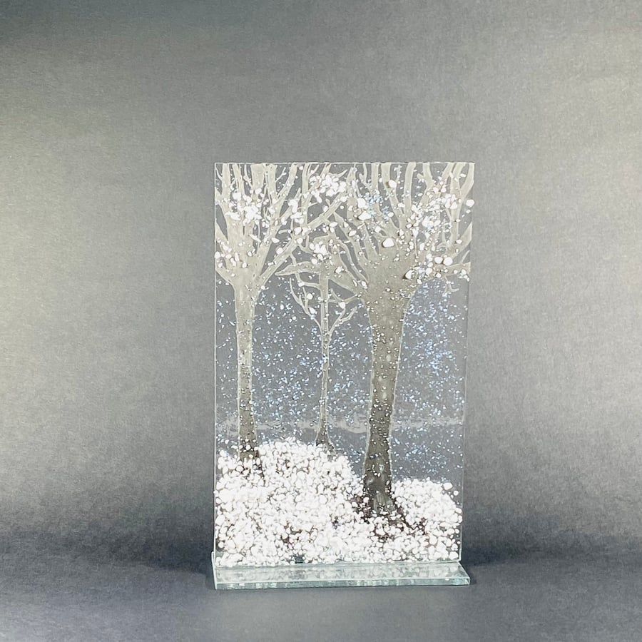 Fused glass winter trees ornament 