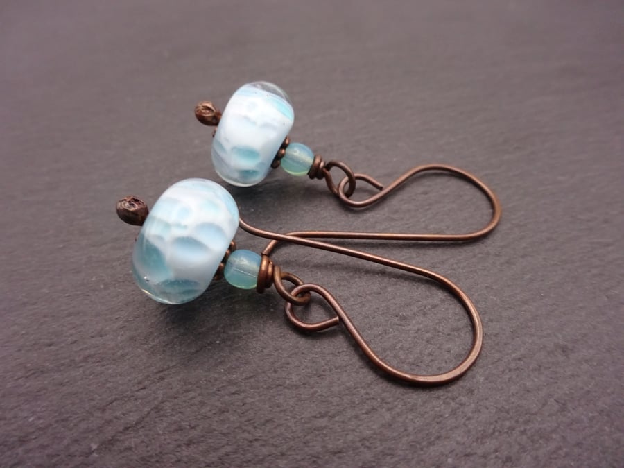 copper earrings, blue lampwork glass jewellery