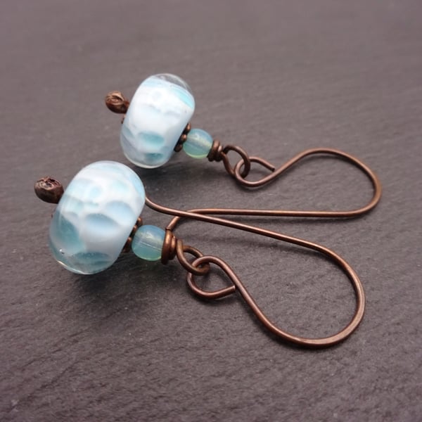 copper earrings, blue lampwork glass jewellery