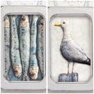 Sardines & Seagull - Beautiful Bundle - set of 2 pictures, framed in tins 