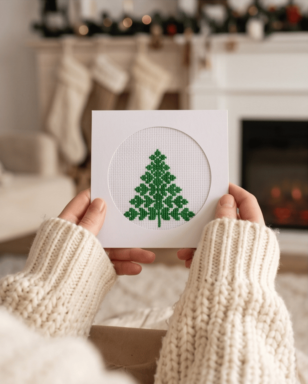 Green Christmas Tree Cross Stitch Card, Handmade Minimalist Pine 