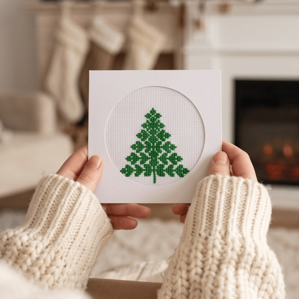 Green Christmas Tree Cross Stitch Card, Handmade Minimalist Pine 