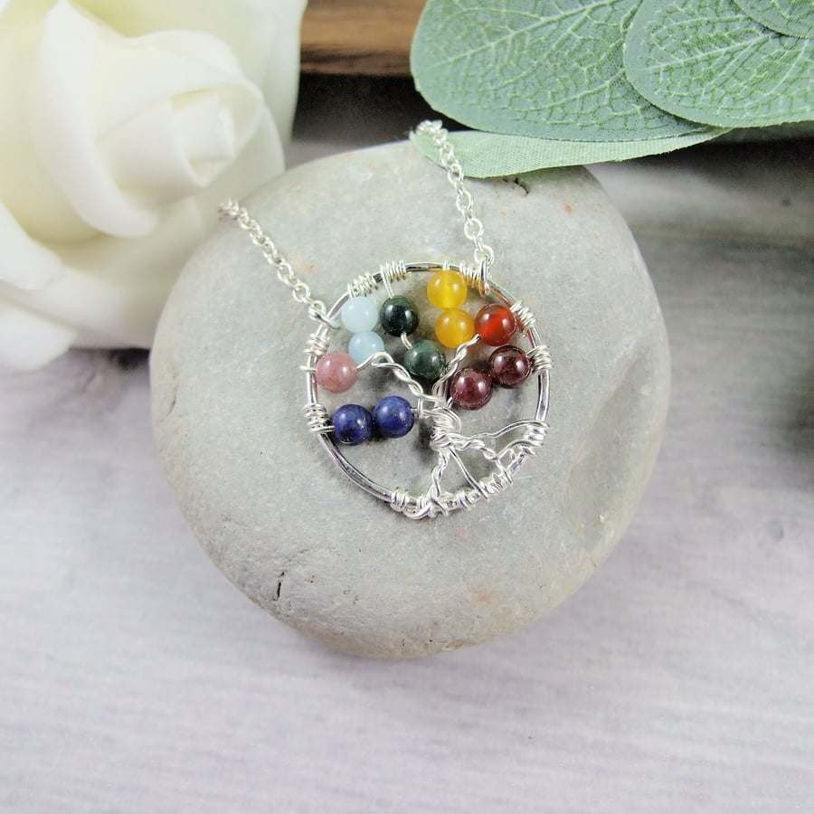 Rainbow Tree of Life Necklace. Sterling Silver and Gemstones