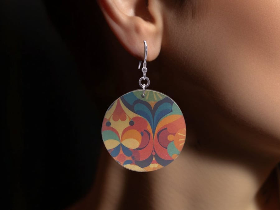 Handcrafted Wooden Circle Earrings with Abstract 70s Flair
