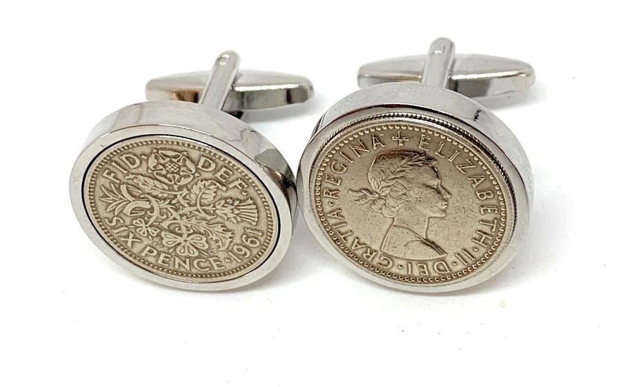 Luxury 1961 Sixpence Cufflinks for a 64th birthday. Original british sixpences 