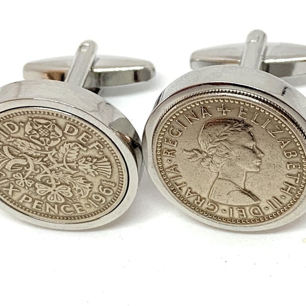 Luxury 1961 Sixpence Cufflinks for a 64th birthday. Original british sixpences 