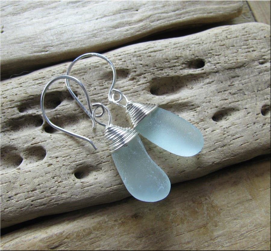 Natural sea glass dainty drop earrings