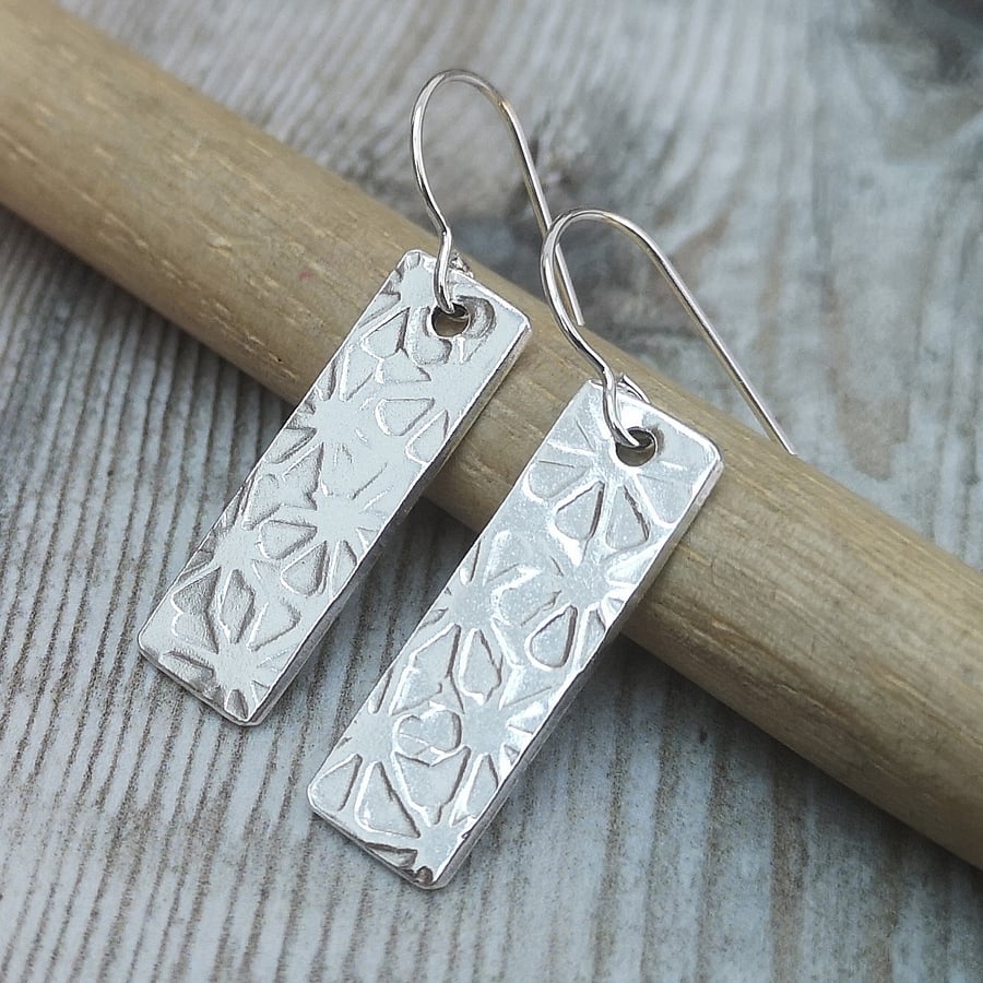 Sterling Silver Rectangle Earrings with Flower Pattern