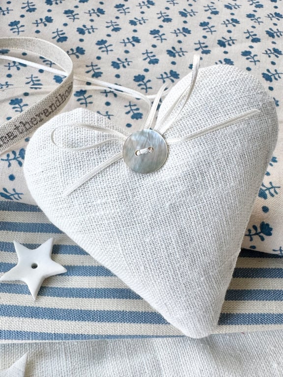 WHITE LINEN HEART DECORATION - lavender or wool filled
